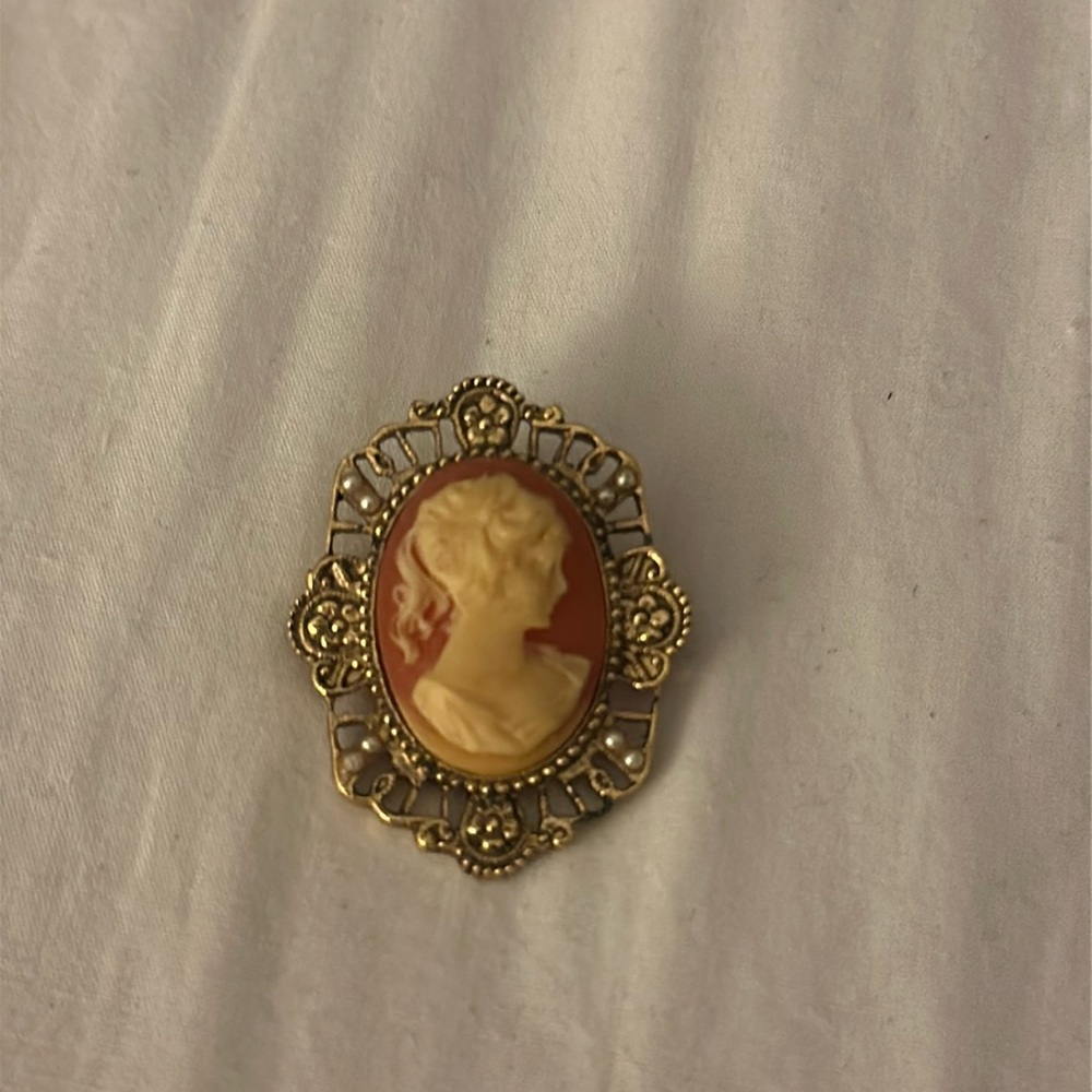 Vintage Faux Resin Cameo Framed Woman Brooch Pin with Pearl ish accents.